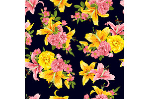 pink Rose and lily seamless pattern Vector