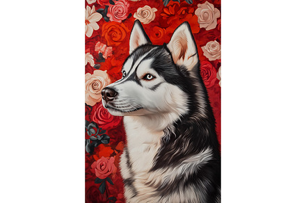 Husky Oil Portrait with Red Roses