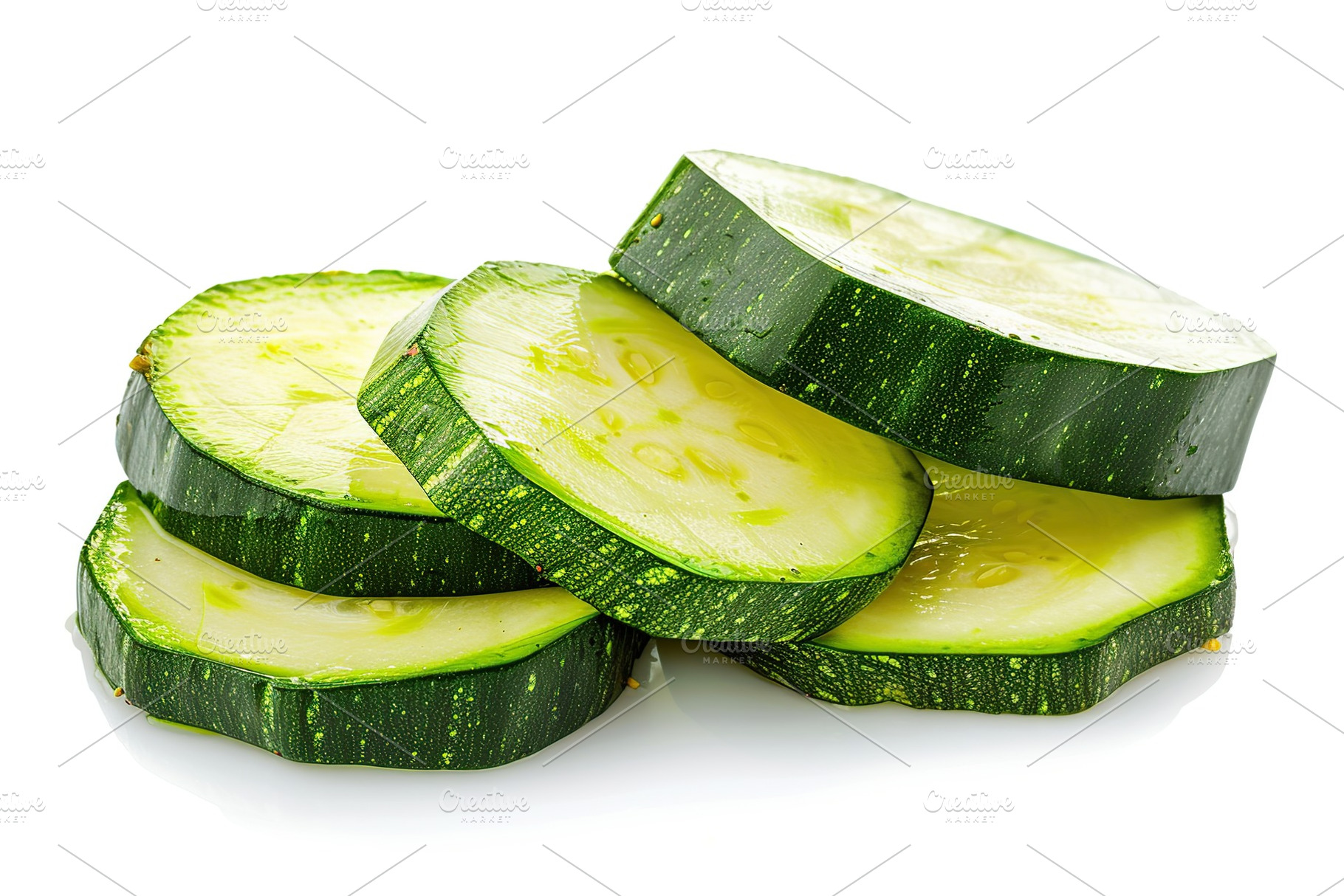 Green sliced zucchini isolated on white background, a Food & Drink Photo by AlyaAnd
