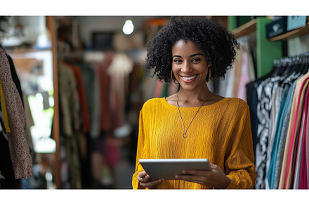 Woman in Boutique Holding Tablet