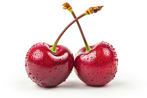 Fresh cherries with water drops isolated on white background, a Food & Drink Photo by AlyaAnd
