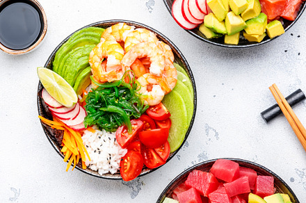 Poke bowl set: tuna, salmon, shrimps with avocado, fruits and ve, a Food & Drink Photo by 5PH
