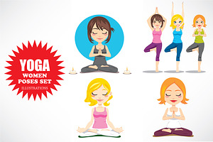 Yoga Women Poses 5 Illustrations Set