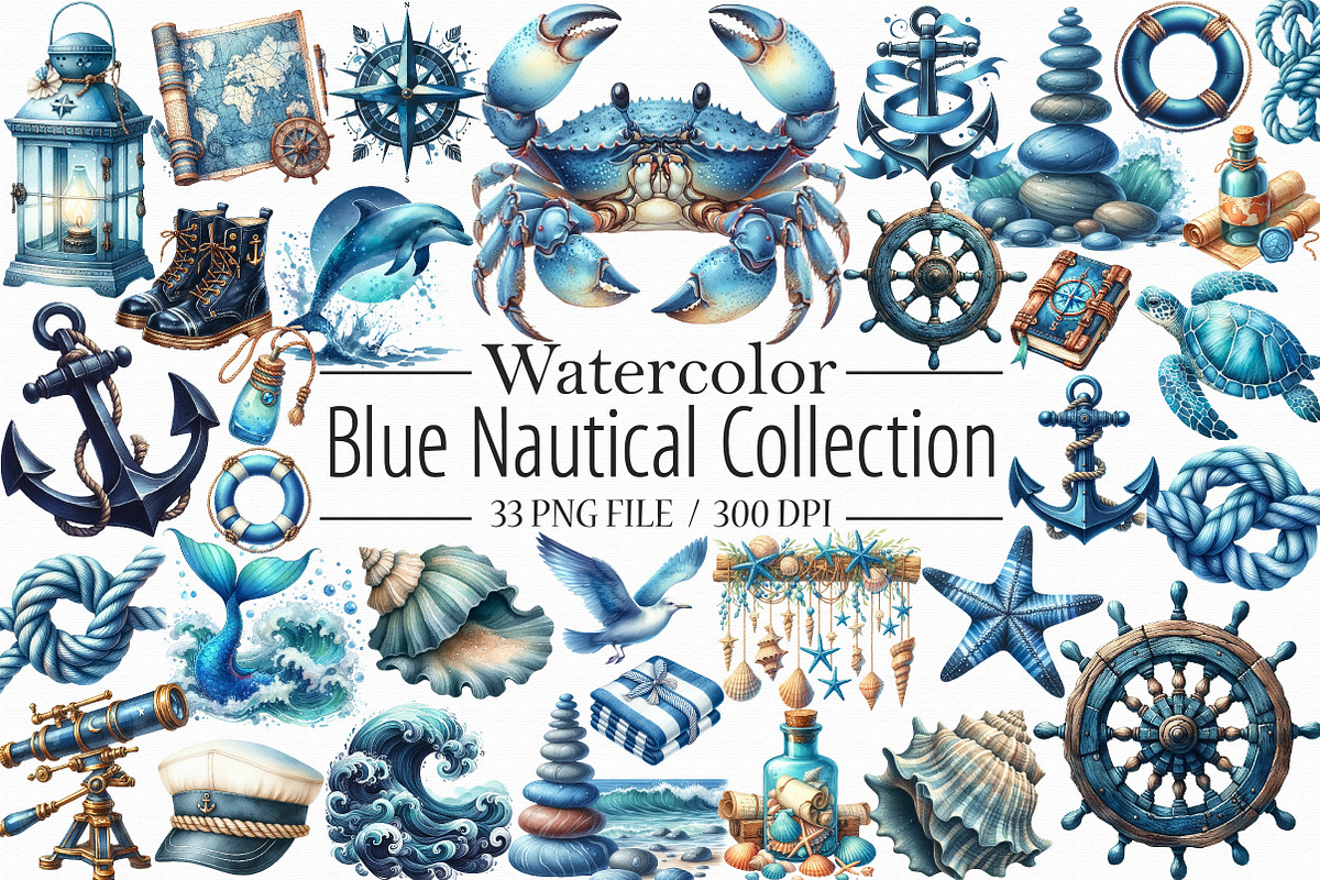 Watercolor Blue Nautical Collection, an Illustration by Libby Wishes (Photo 1 of 7)