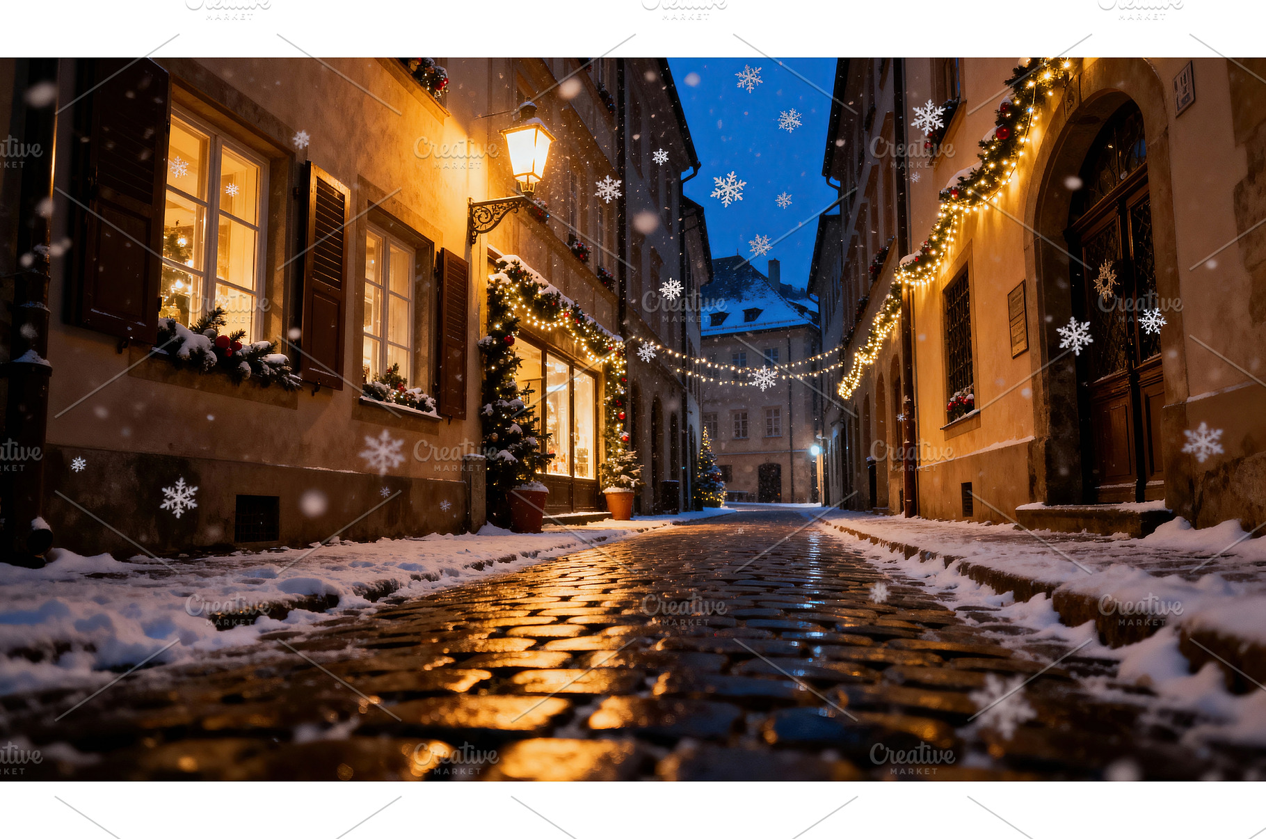 Cobblestone street at dusk with warm, a Holiday Photo by tilialucida