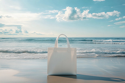 Blank tote bag mockup on a seascape, a Background Photo by MistyDay