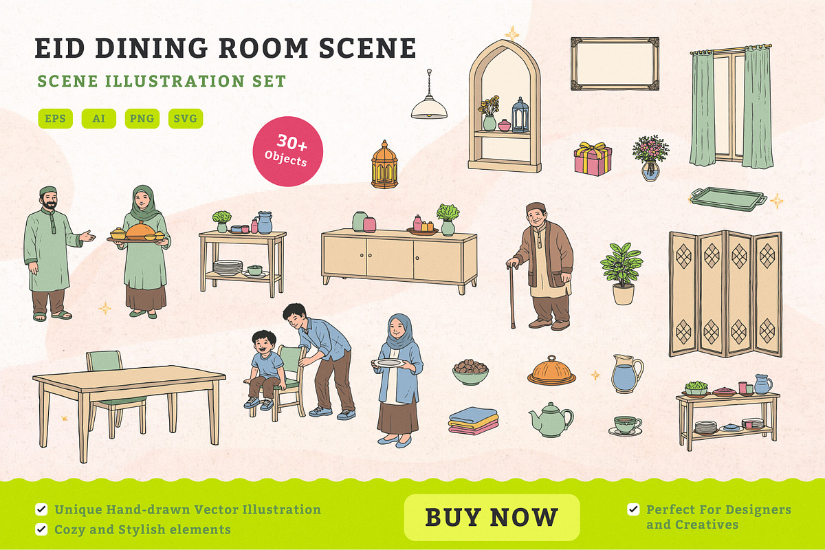 Eid Dining Room Scene Illustration, an Illustration by MEANDSTUDIO (Photo 1 of 5)