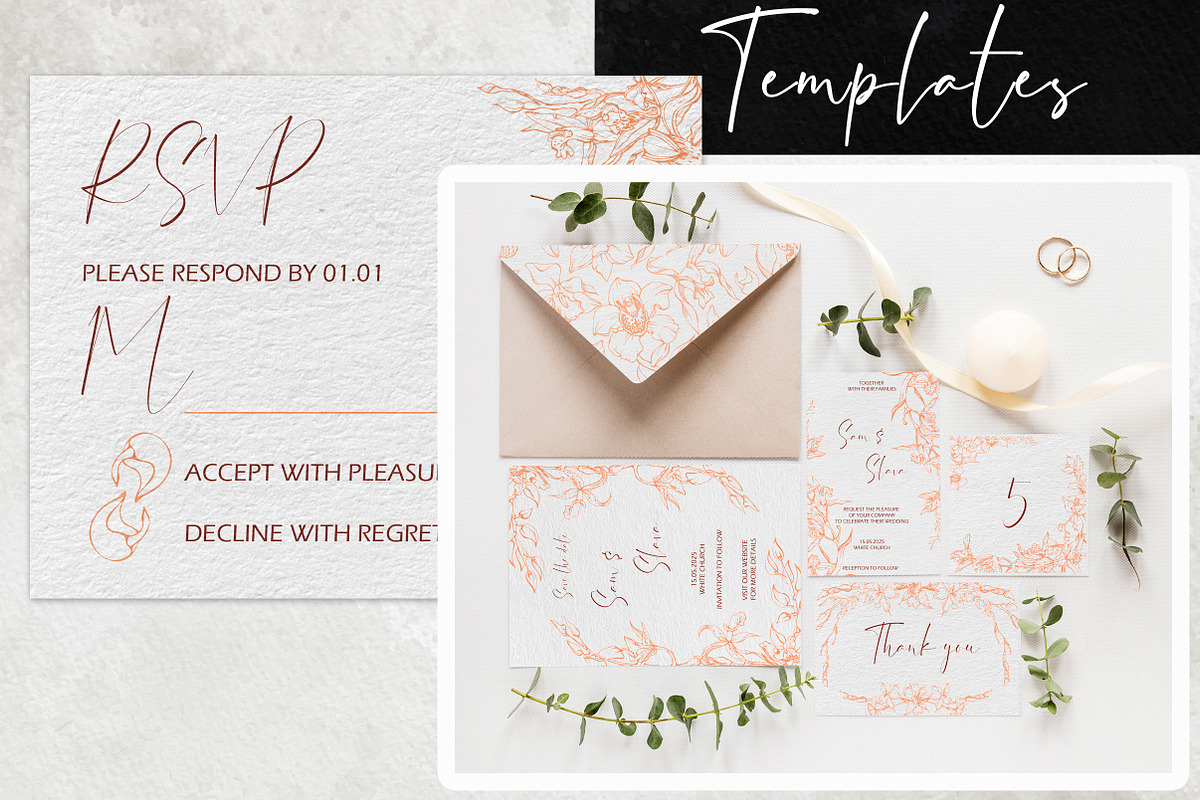 Peach fuzz wedding: Tropical orchids, a Stationery Template by MsFlaffy (Photo 2 of 8)