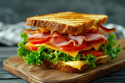Toast sandwich with cheese, turkey ham, tomato and fresh lettuce on cutting boa, a Food & Drink Photo by AlyaAnd