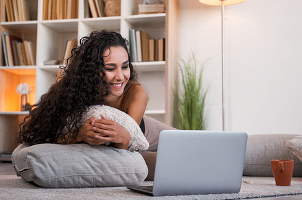 Weekend movie cozy leisure girl watching laptop, a Person Photo by Photo Drive Studio