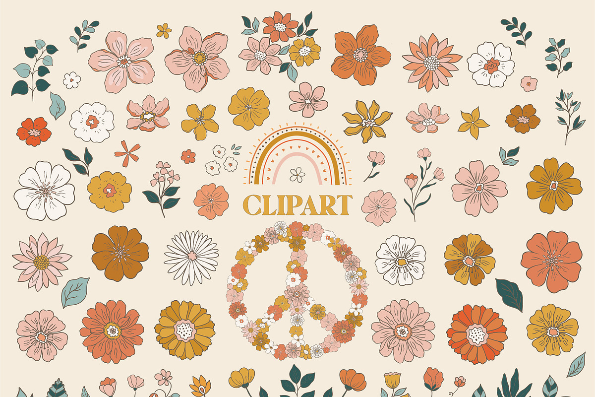 Retro Flowers groovy pattern&clipart, a Background Graphic by Cozy pattern shop (Photo 4 of 10)