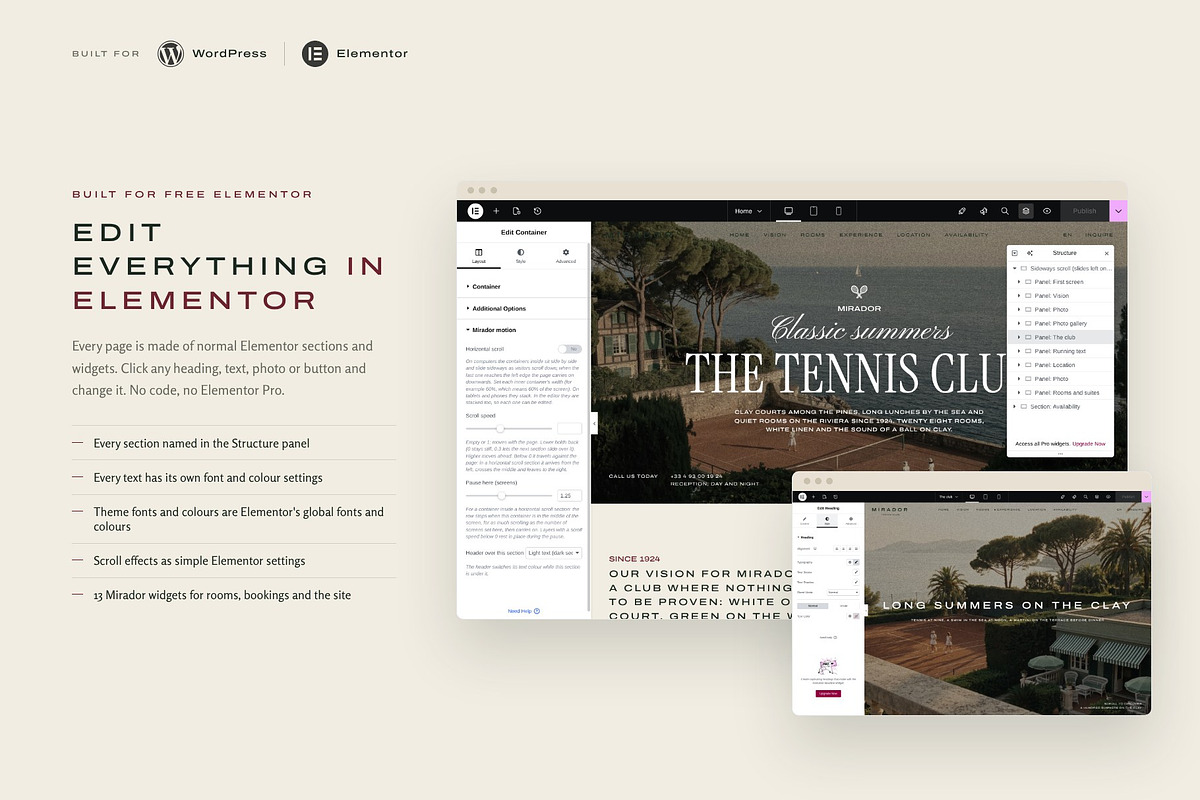 Tennis Club & Hotel Elementor Theme, a WordPress Template by Tomasz Ganclerz (Photo 6 of 21)