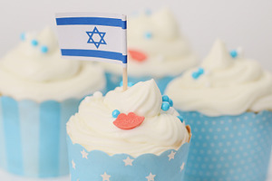 Blue white israel flag cupcake stock photo