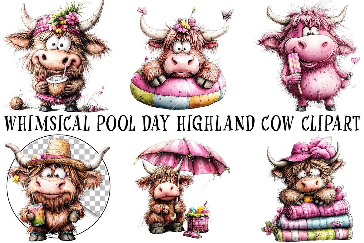 Whimsical Pool Day Highland Cow Clip, an Illustration by OK Design (Photo 2 of 6)