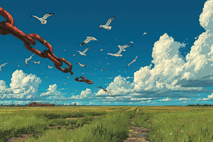 Flock of birds soaring from a shattered red chain above a green, a Person Photo by José Manuel Gelpi
