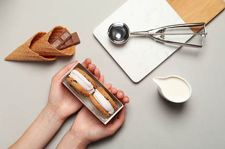 Concept of sweet food, cookies with ice cream, top view, a Background Photo by AtlasStudio PRO
