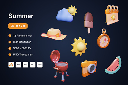Summer 3D Icons Set, an Object 3D Model by Kmg Design