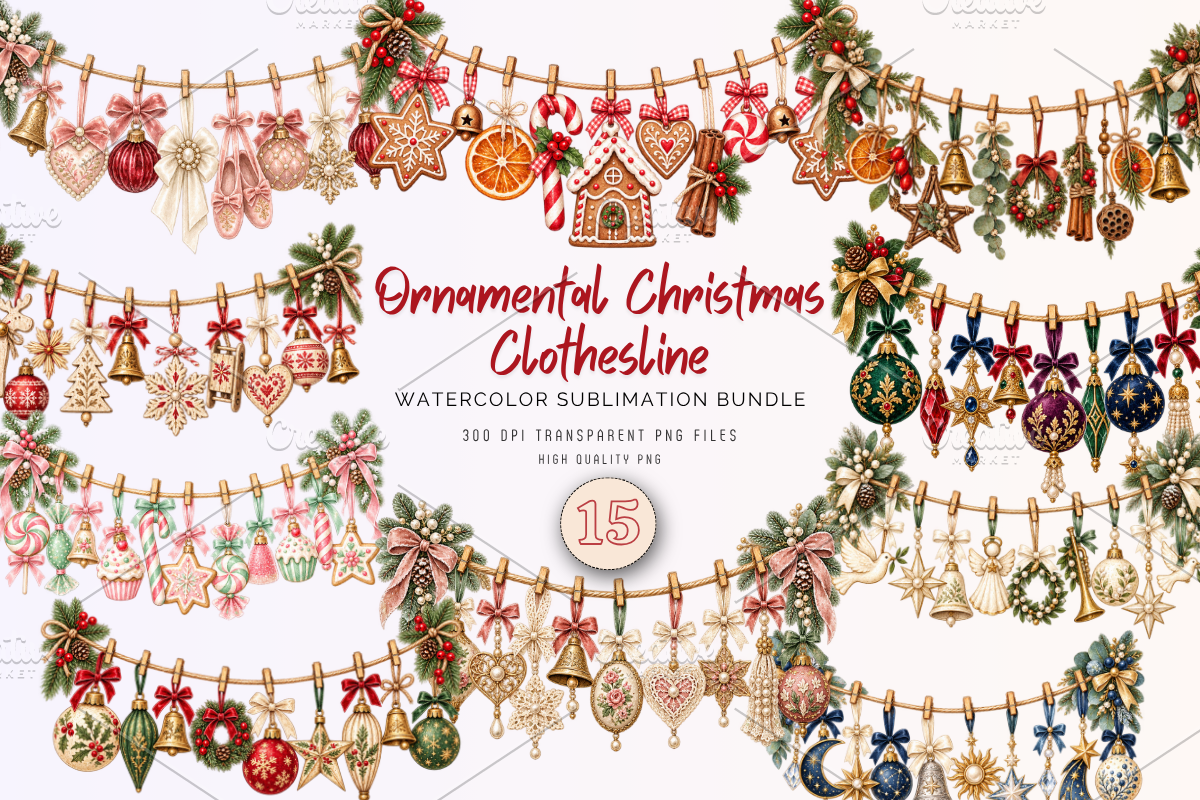 Ornamental Christmas Clothesline, a Seasonal Illustration by Ink Gallery (Photo 1 of 8)