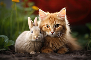 Little kitten and a rabbit touching each other on green plants background