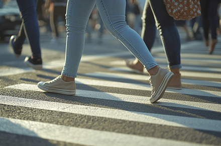 Closeup of people legs crossing the street on the crosswalk, a Person Photo by AlyaAnd