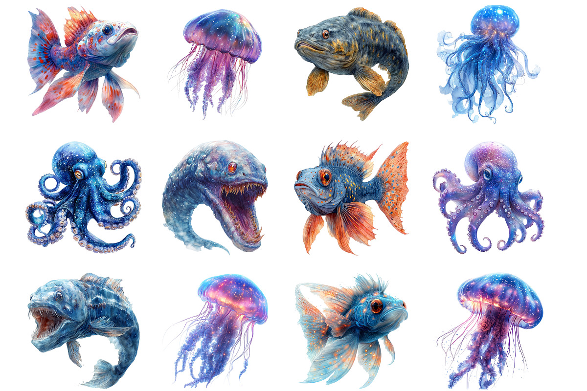 Watercolor Deep Sea CreaturesPNG, an Illustration by SinaCreation (Photo 2 of 5)