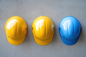Yellow and blue safety helmets are neatly stacked on a smooth su, an Industrial Photo by AlyaAnd