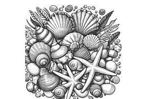 Seashell and starfish beach, an Illustration by AlexArt