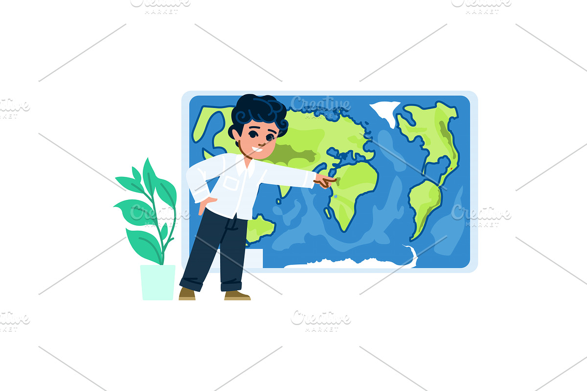 Geography student pointing at world, an Education Illustration by pikepicture