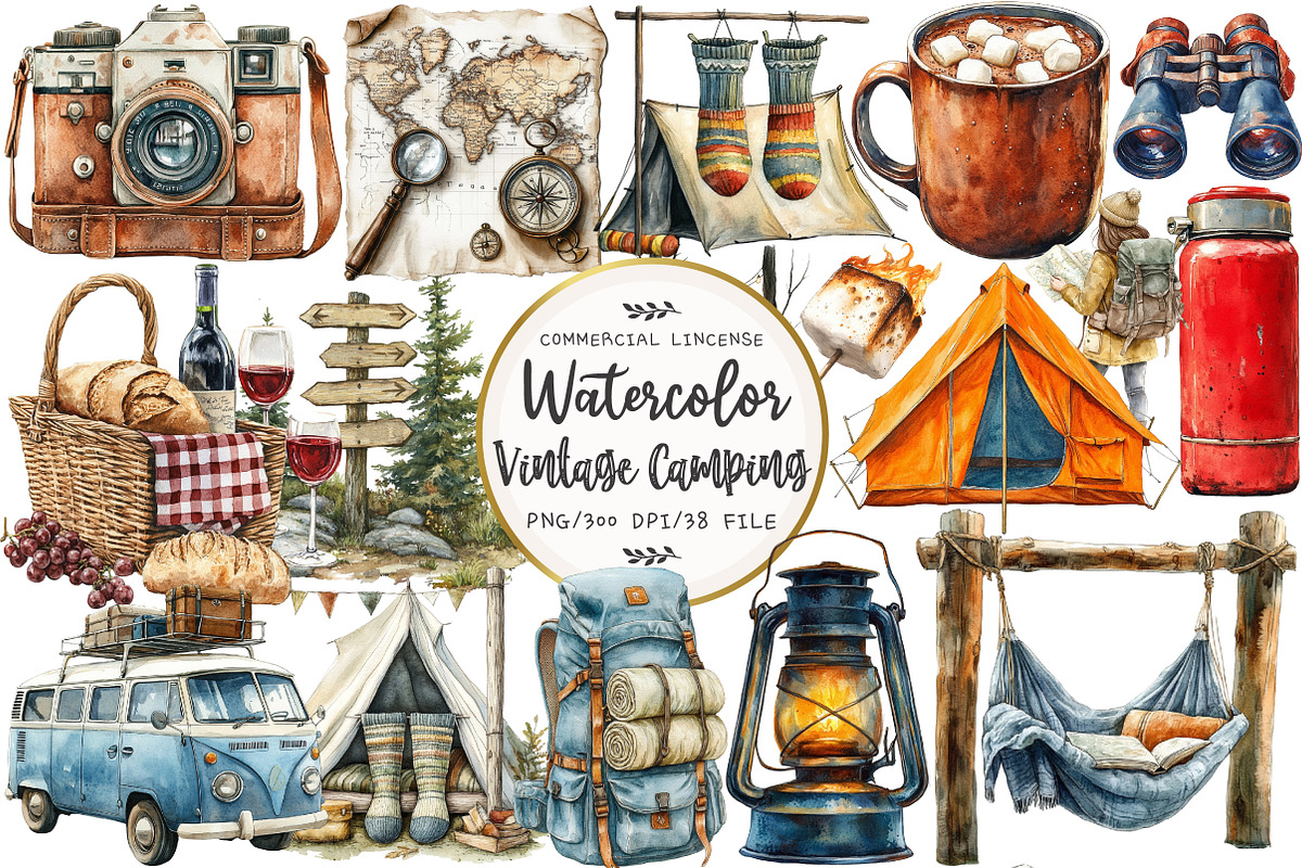Vintage Camping Watercolor Clipart, an Illustration by OK Design (Photo 1 of 5)
