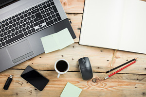 Workplace top view featuring idea, fired, and page