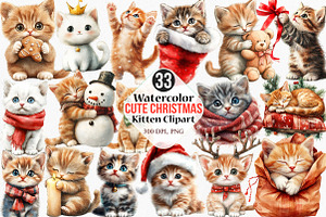 Cute Christmas Kitten Clipart, an Illustration by Canvas Craft