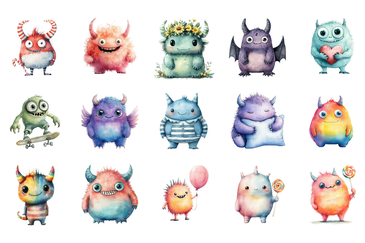 Cute Monsters Watercolor Clipart, an Illustration by Designking (Photo 3 of 5)