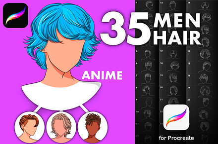 Procreate anime male hairstyle brush, a Brush Add-On by AppleinaJuice