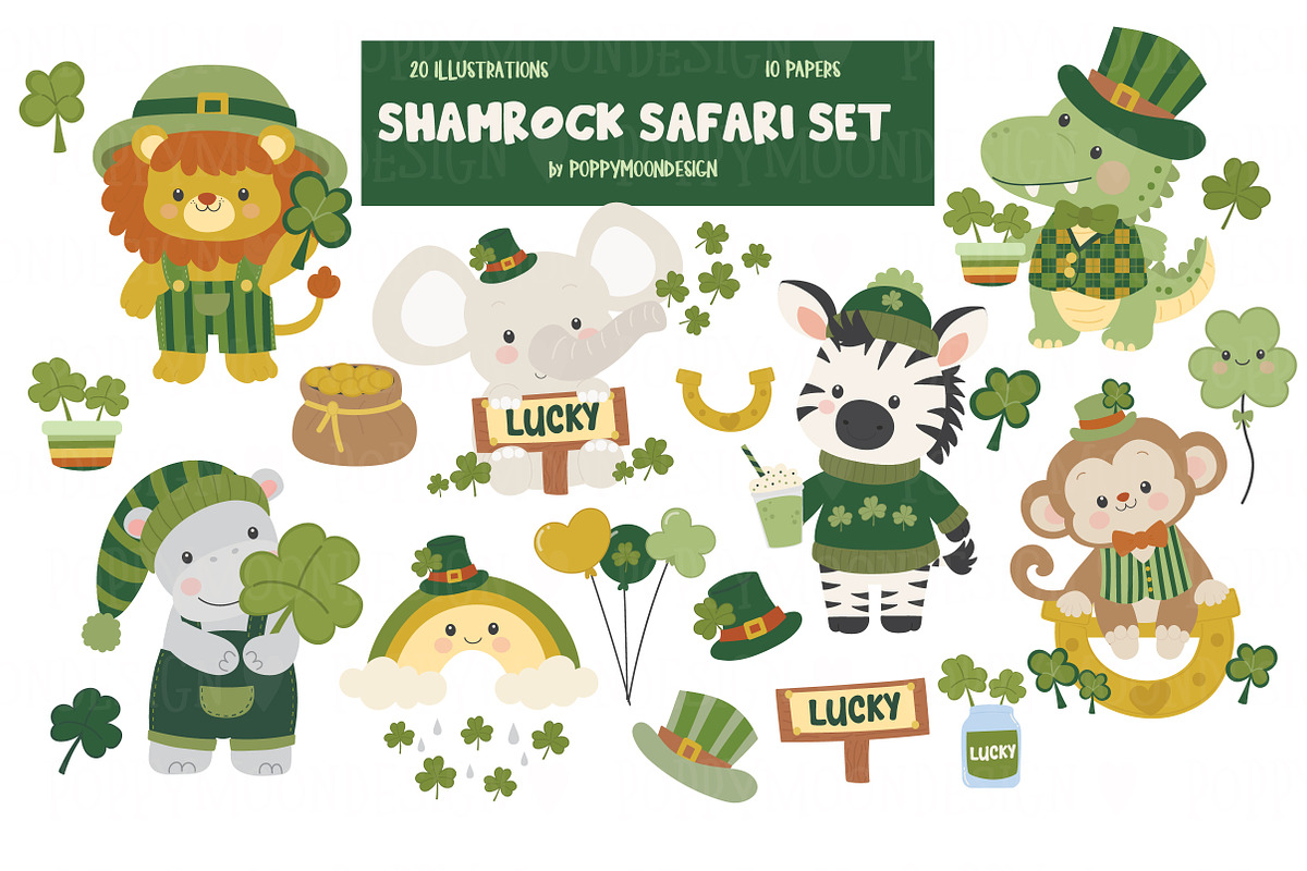 Shamrock safari set, an Animal Illustration by Poppymoondesign (Photo 1 of 5)