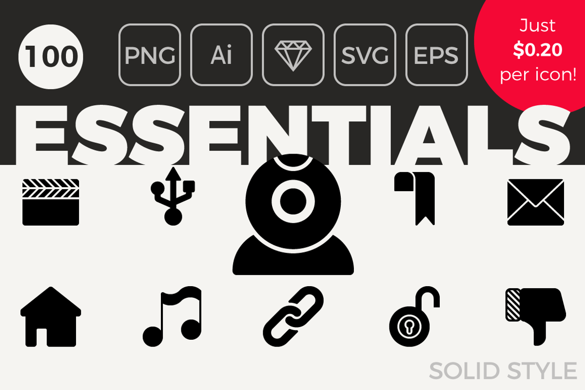 100 Essential Icons - Solid Style, a Solid Icon by Designerbundle (Photo 1 of 3)