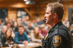 Police officer addressing a large au, a Photo by Pixeness Studio