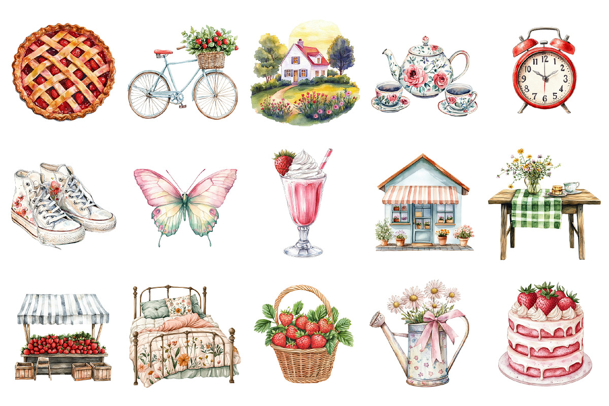 Watercolor Strawberry Clipart, an Illustration by Design Market (Photo 3 of 5)