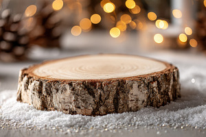 Wooden slice on snow festive backgro, a Photo by Pixeness Studio