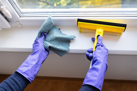 Cleaning and cleaning concept. A young girl in purple gloves holds a rag and a, a Beauty & Fashion Photo by Artsaba Family