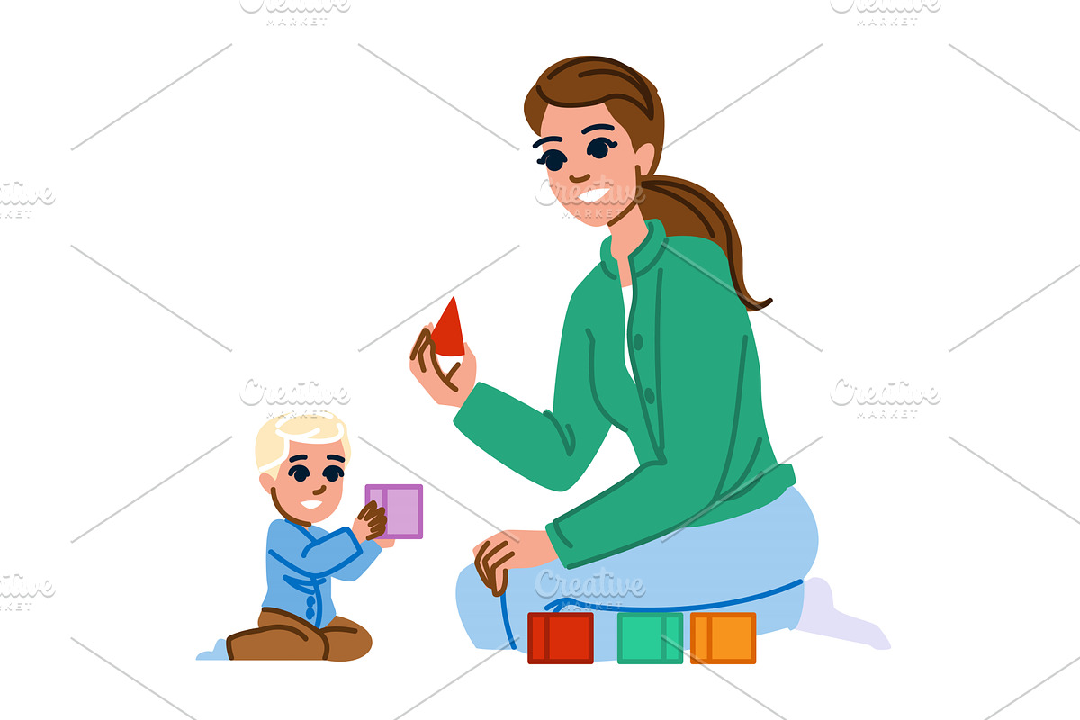 Babysitter playing building blocks, an Object Illustration by pikepicture