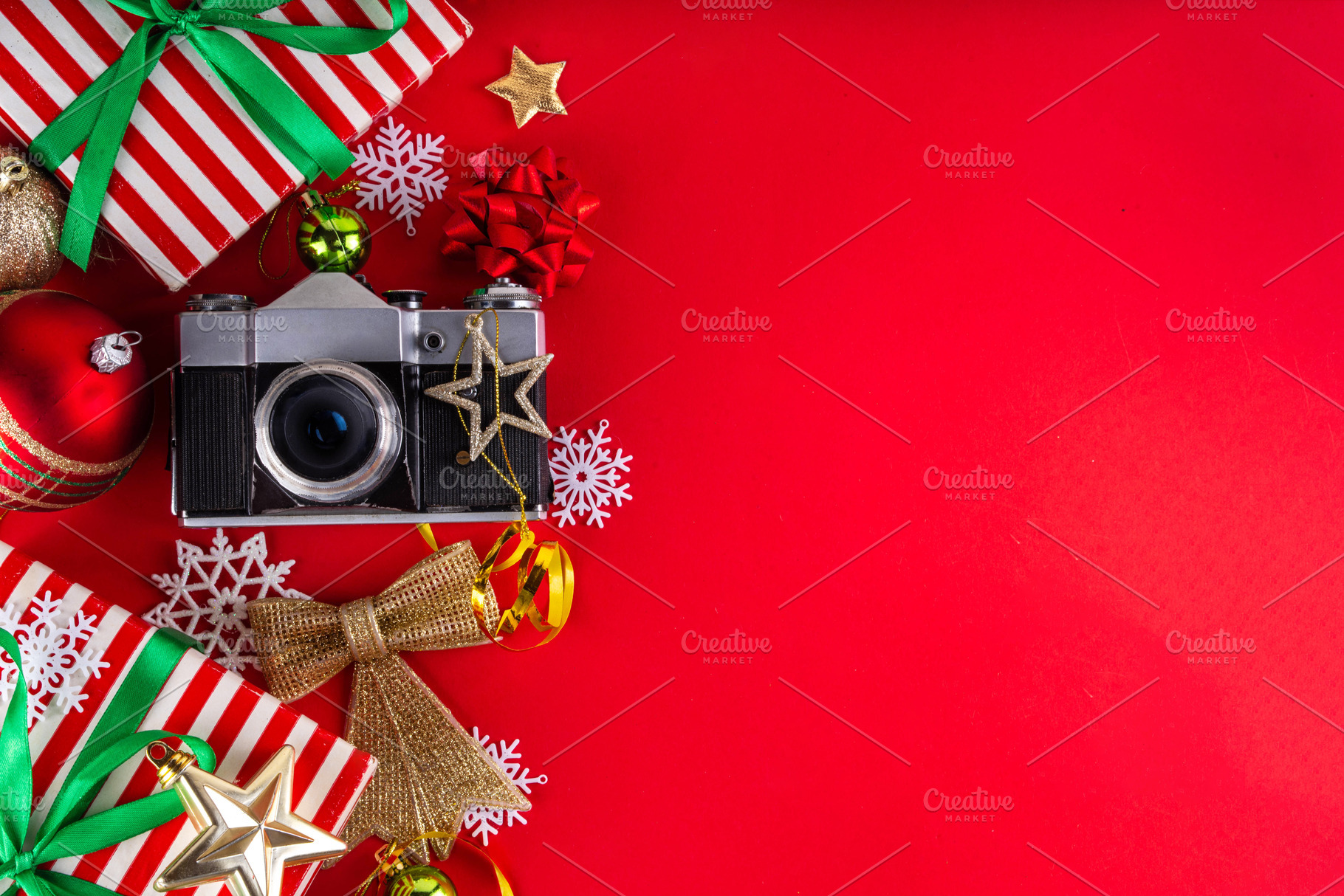 High-colored background with Christmas gifts, festive baubles, r, a Holiday Photo by Rimma