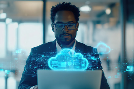 Programmer working on laptop, blue hologram of cloud drive symbol, a Technology Photo by AlyaAnd
