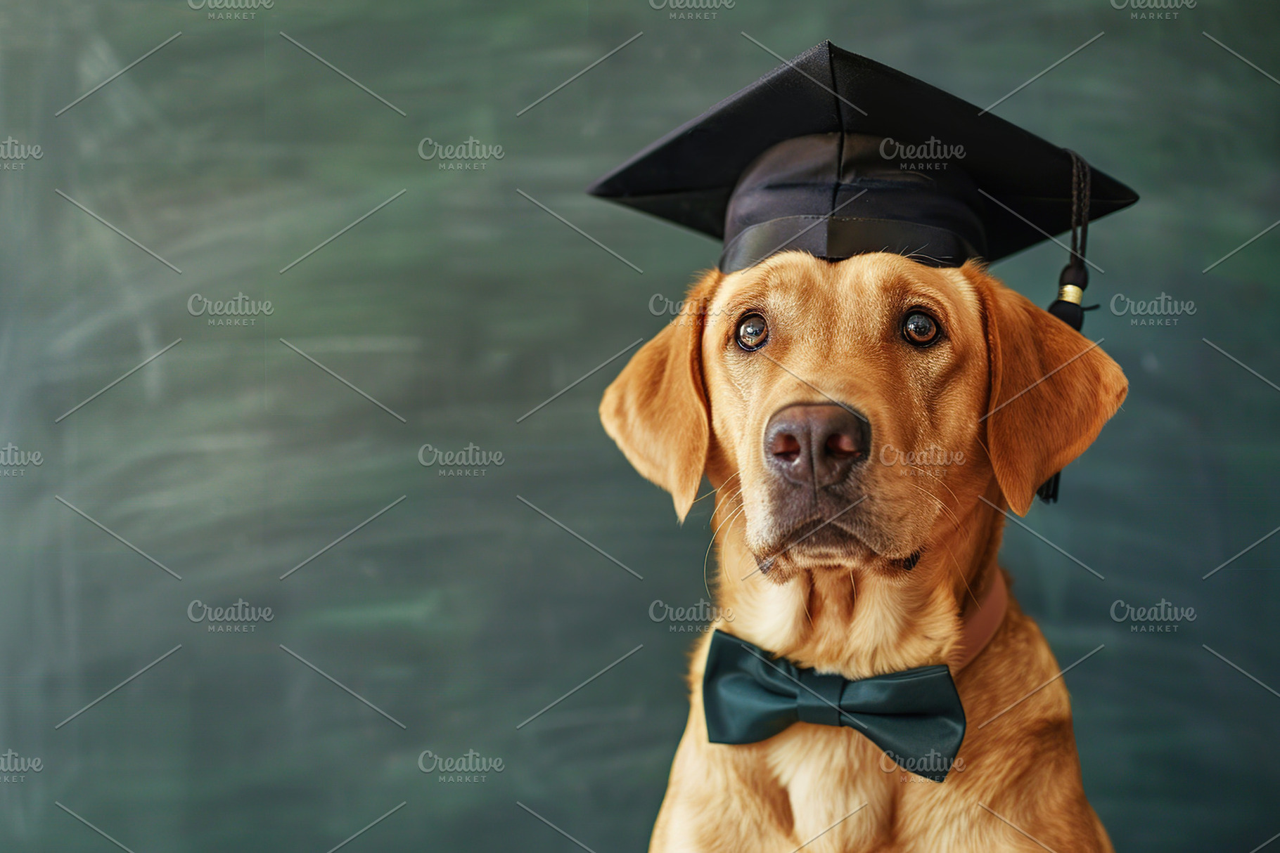 Cute labrador dog wearing graduation hat on chalkboard backgroun, an Animal Photo by AlyaAnd