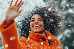 A joyful woman in an orange coat, a Photo by Pavel_design