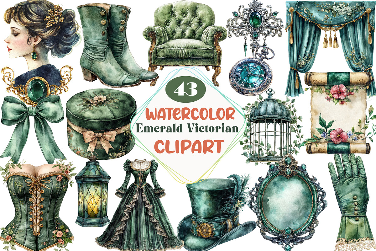Watercolor Emerald Victorian Clipart, an Illustration by DreamCafeArt (Photo 1 of 7)
