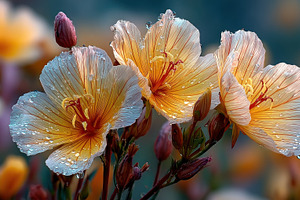 Backlit translucent spring flowers with dew drops and warm glows, a Nature Photo by José Manuel Gelpi