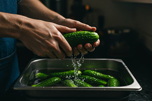 Person rinsing fresh cucumber under, a Food & Drink Photo by professorinc