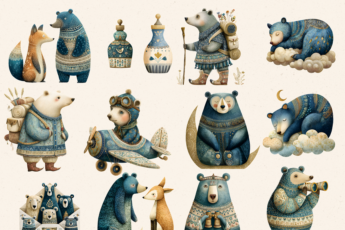 BLUE FOLK BEAR BABY SHOWER CLIPART, an Animal Illustration by Daring Digies (Photo 2 of 9)