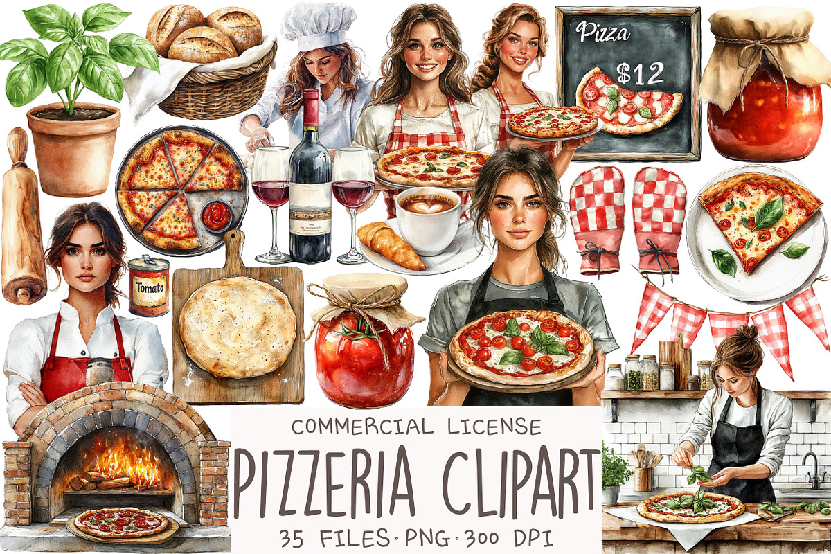 Watercolor Pizzeria Clipart, an Illustration by OK Design (Photo 1 of 5)
