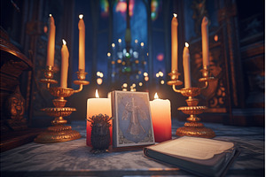 grimoire surrounded by lit pillar, an Abstract Photo by Sergey Kotenev